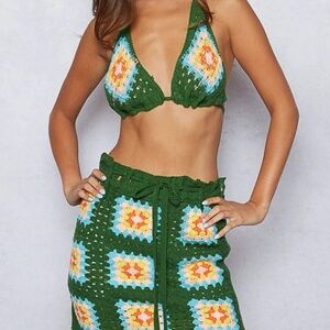 New POL Crochet Halter Neck Cami Top and Skirt Sweater Set Coco Green One size